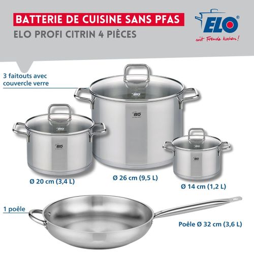 Set De 1 Poêle De Cuisson 32 Cm Et 3 Faitouts 14, 20 Et 26 Cm Elo Profi Citrin