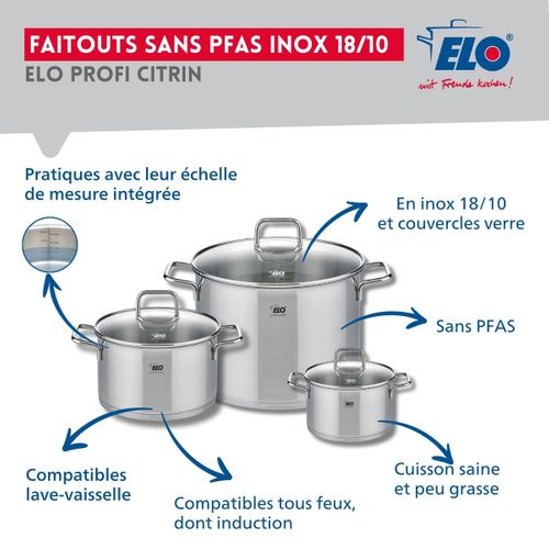 Set De 1 Poêle De Cuisson 32 Cm Et 3 Faitouts 14, 20 Et 26 Cm Elo Profi Citrin