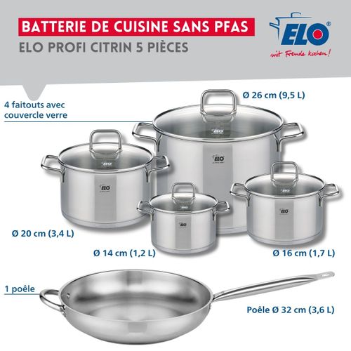 Set De 1 Poêle De Cuisson 32 Cm Et 4 Faitouts 14, 16, 20 Et 26 Cm Elo Profi Citrin