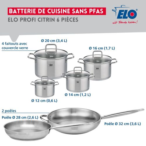 Ensemble De 2 Poêles De Cuisson 28 Et 32 Cm Et 4 Faitouts 12, 14, 16 Et 20 Cm Elo Profi Citrin