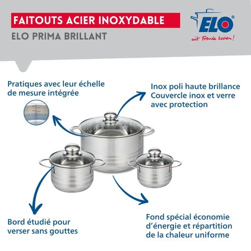 Ensemble De 1 Poêle De Cuisson 20 Cm Et 3 Faitouts 12, 14 Et 20 Cm Elo Prima Brillant