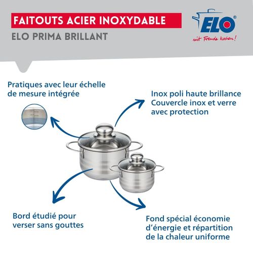 Ensemble De 2 Poêles De Cuisson 20 Et 28 Cm Et 2 Faitouts 12 Et 16 Cm Elo Prima Brillant