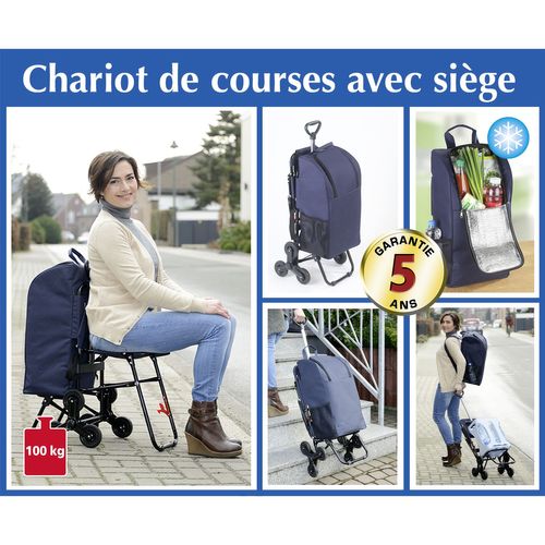 Chariot De Courses Avec Siège - Sac Isotherme 35 L - Bleu Foncé