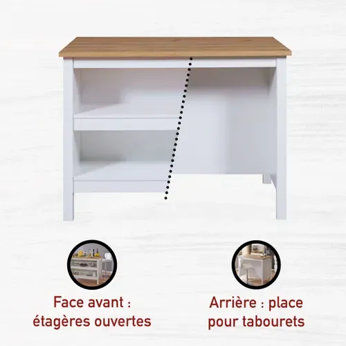 Ilot de cuisine H.91,5 cm LINA imitation chêne et blanc