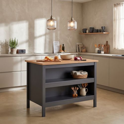 Ilot de cuisine LINA gris anthracite et imitation chêne vue d'ambiance 1