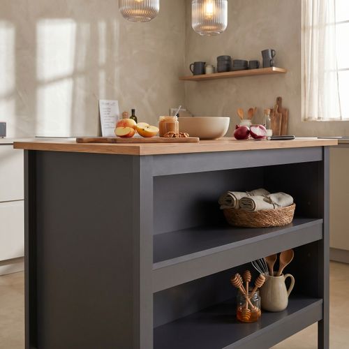 Ilot de cuisine LINA gris anthracite et imitation chêne