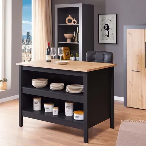 Ilot de cuisine H.91,5 cm LINA imitation chêne et noir