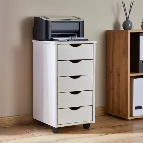 Caisson De Bureau Sur Roulettes Lagos, Avec 5 Tiroirs Lasuré Blanc