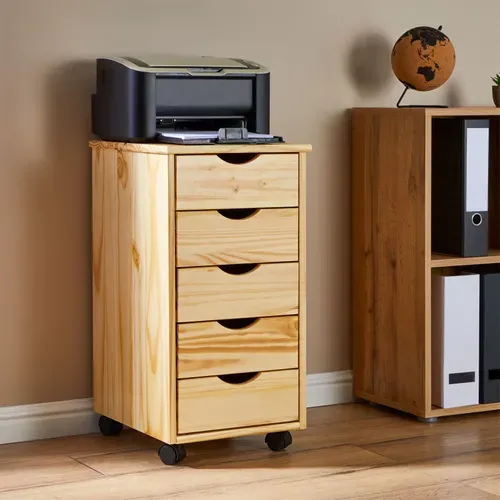 Caisson De Bureau Sur Roulettes Lagos, Avec 5 Tiroirs Finition Vernis Naturel