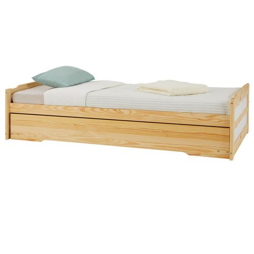 Lit Gigogne Lorena En Pin Massif, 90 X 190 Cm, Vernis Naturel Et Blanc