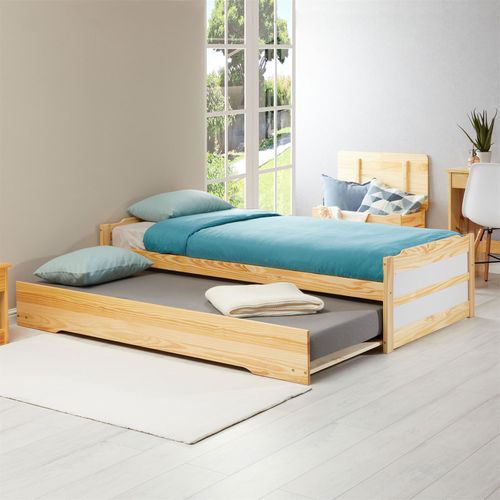 Lit Gigogne Lorena En Pin Massif, 90 X 190 Cm, Vernis Naturel Et Blanc
