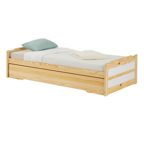 Lit Gigogne Lorena En Pin Massif, 90 X 190 Cm, Vernis Naturel Et Blanc