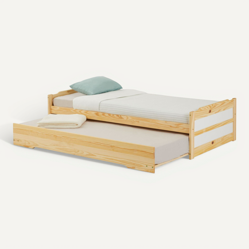 Lit Gigogne Lorena En Pin Massif, 90 X 190 Cm, Vernis Naturel Et Blanc
