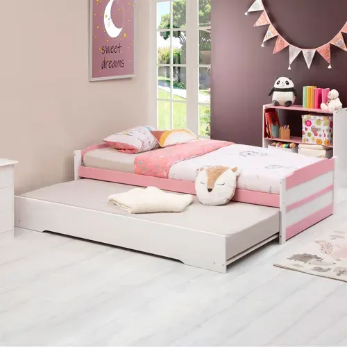 Lit Gigogne Lorena En Pin Massif, 90 X 190 Cm, Lasuré Blanc Et Rose