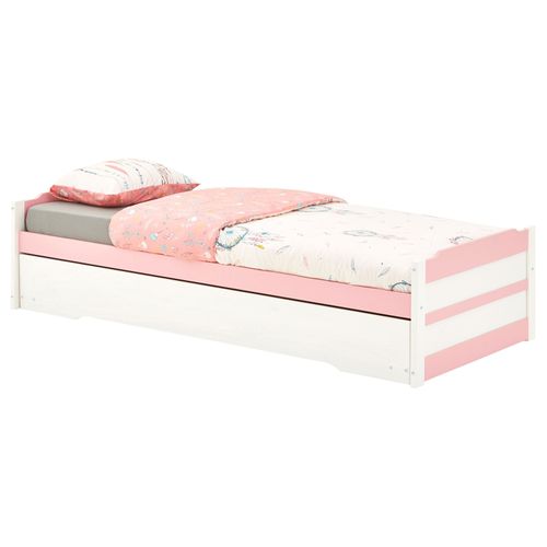 Lit Gigogne Lorena En Pin Massif, 90 X 190 Cm, Lasuré Blanc Et Rose
