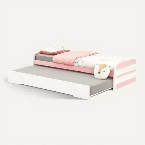 Lit Gigogne Lorena En Pin Massif, 90 X 190 Cm, Lasuré Blanc Et Rose