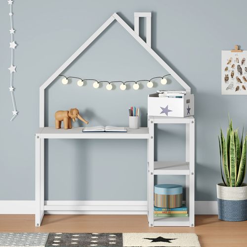 Bureau Enfant Nivia En Forme De Maison En Pin Massif Lasuré Blanc