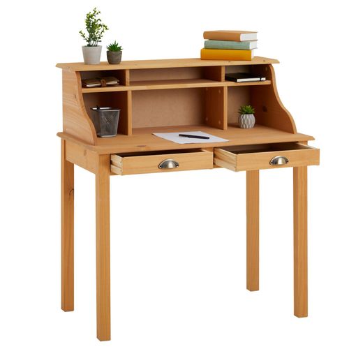 Bureau Secrétaire Marlene, Avec 2 Tiroirs, En Pin Massif Finition Cirée
