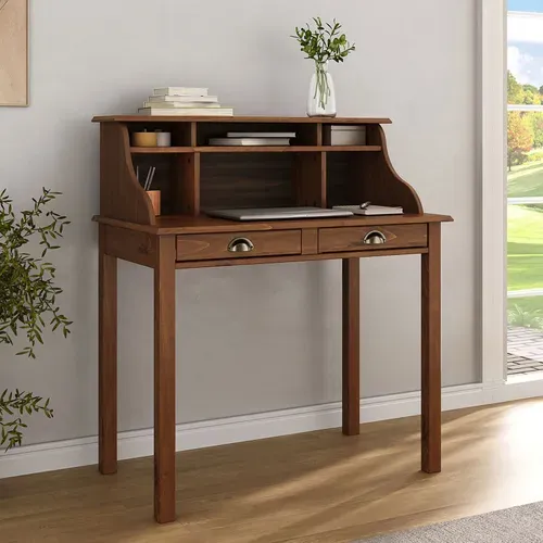 Bureau Secrétaire Marlene, Avec 2 Tiroirs, En Bois Massif - Brun Foncé