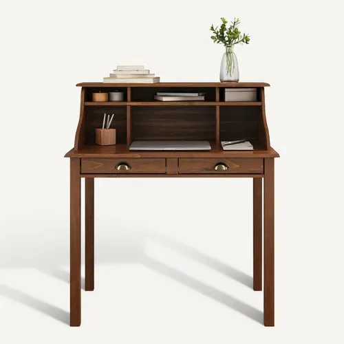 Bureau Secrétaire Marlene, Avec 2 Tiroirs, En Bois Massif - Brun Foncé