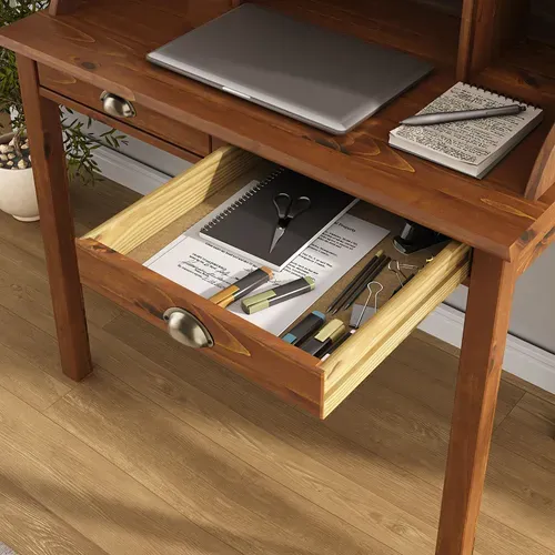 Bureau Secrétaire Marlene, Avec 2 Tiroirs, En Bois Massif - Brun Foncé