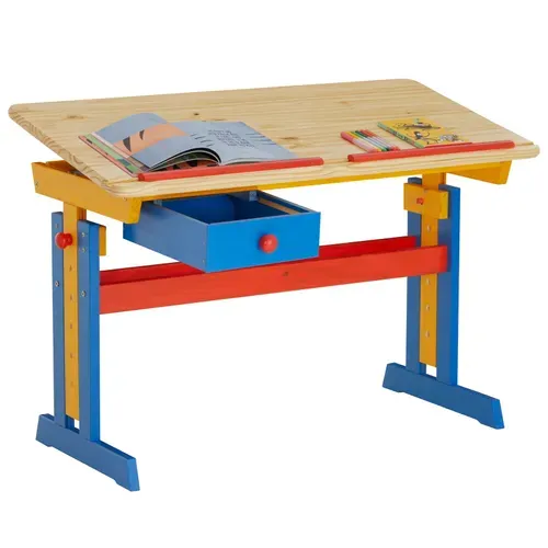 Bureau Enfant Flexi, En Pin Massif, Réglable En Hauteur Et Plateau Inclinable, Lasuré Multicolore