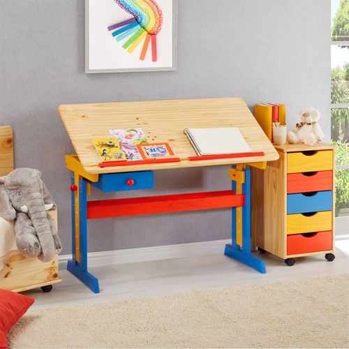 Bureau Enfant Flexi, En Pin Massif, Réglable En Hauteur Et Plateau Inclinable, Lasuré Multicolore