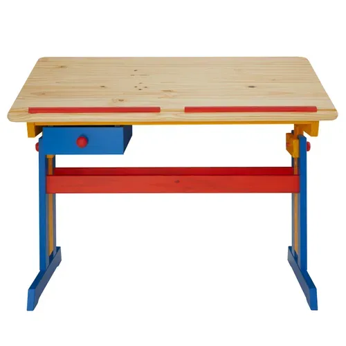 Bureau Enfant Flexi, En Pin Massif, Réglable En Hauteur Et Plateau Inclinable, Lasuré Multicolore