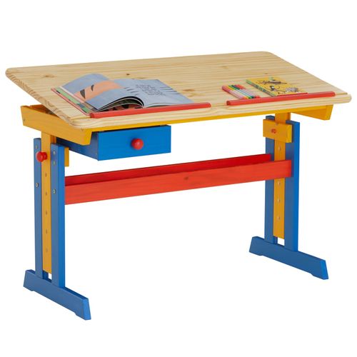 Bureau Enfant Flexi, En Pin Massif, Réglable En Hauteur Et Plateau Inclinable, Lasuré Multicolore