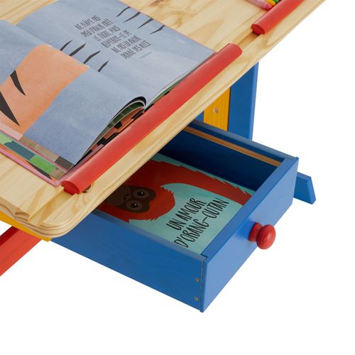 Bureau Enfant Flexi, En Pin Massif, Réglable En Hauteur Et Plateau Inclinable, Lasuré Multicolore