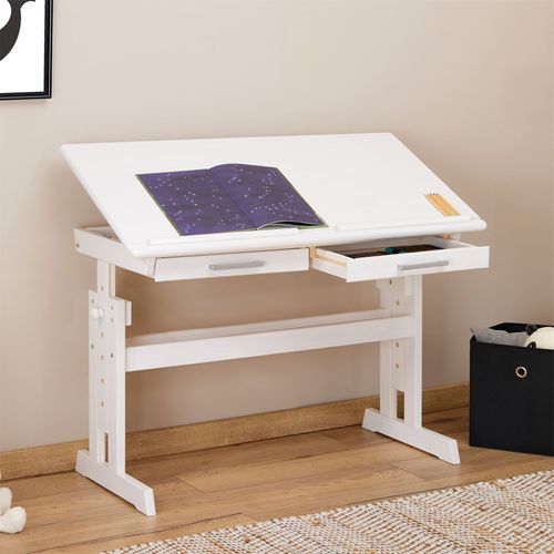 Bureau Enfant Olivia, En Pin Massif, Réglable En Hauteur Et Plateau Inclinable, Lasuré Blanc