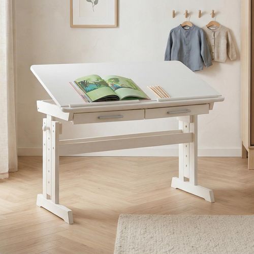 Bureau Enfant Olivia, En Pin Massif, Réglable En Hauteur Et Plateau Inclinable, Lasuré Blanc