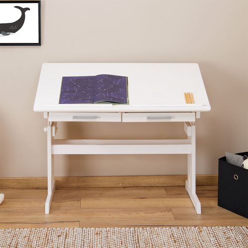 Bureau Enfant Olivia, En Pin Massif, Réglable En Hauteur Et Plateau Inclinable, Lasuré Blanc
