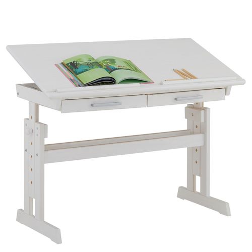 Bureau Enfant Olivia, En Pin Massif, Réglable En Hauteur Et Plateau Inclinable, Lasuré Blanc