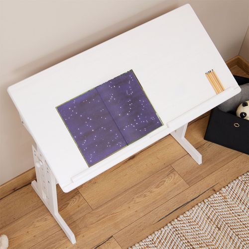 Bureau Enfant Olivia, En Pin Massif, Réglable En Hauteur Et Plateau Inclinable, Lasuré Blanc