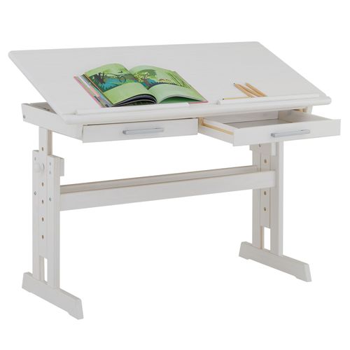 Bureau Enfant Olivia, En Pin Massif, Réglable En Hauteur Et Plateau Inclinable, Lasuré Blanc