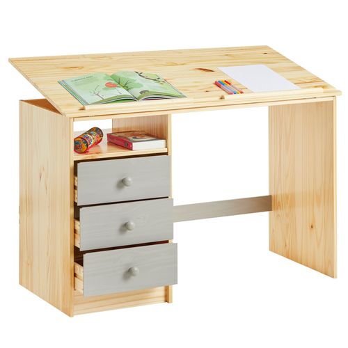 Bureau Enfant Kevin, En Pin Massif, 3 Tiroirs Et Plateau Inclinable, Vernis Naturel Et Lasuré Gris