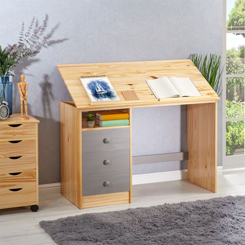 Bureau Enfant Kevin, En Pin Massif, 3 Tiroirs Et Plateau Inclinable, Vernis Naturel Et Lasuré Gris