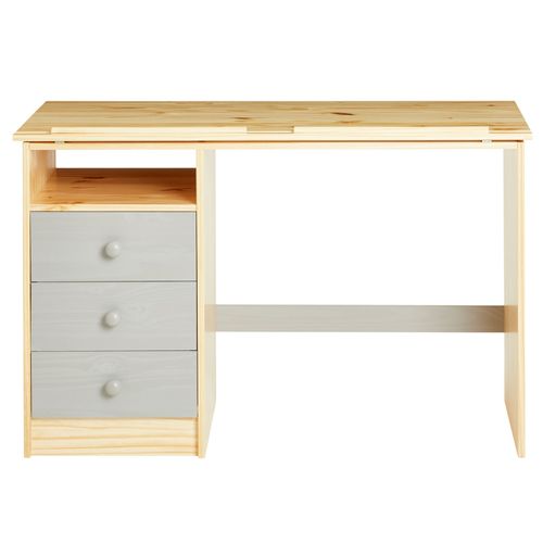 Bureau Enfant Kevin, En Pin Massif, 3 Tiroirs Et Plateau Inclinable, Vernis Naturel Et Lasuré Gris