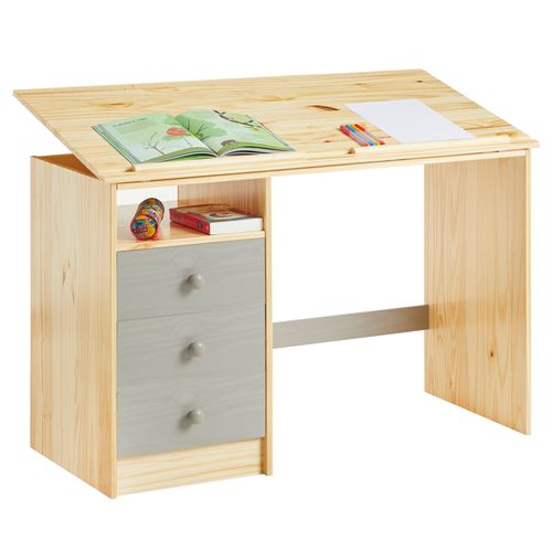 Bureau Enfant Kevin, En Pin Massif, 3 Tiroirs Et Plateau Inclinable, Vernis Naturel Et Lasuré Gris