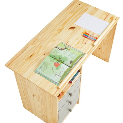Bureau Enfant Kevin, En Pin Massif, 3 Tiroirs Et Plateau Inclinable, Vernis Naturel Et Lasuré Gris