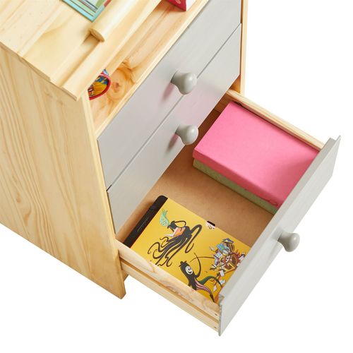 Bureau Enfant Kevin, En Pin Massif, 3 Tiroirs Et Plateau Inclinable, Vernis Naturel Et Lasuré Gris