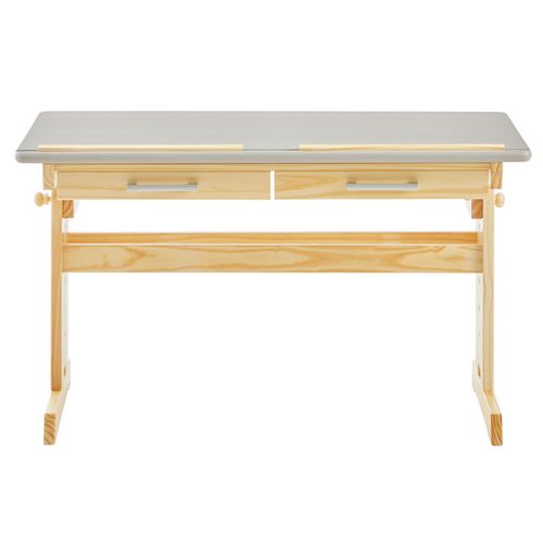 Bureau Enfant Olivia, Réglable En Hauteur Et Plateau Inclinable, Pin Massif, Naturel Et Lasuré Gris