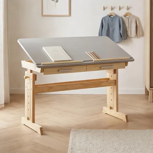Bureau Enfant Olivia, Réglable En Hauteur Et Plateau Inclinable, Pin Massif, Naturel Et Lasuré Gris