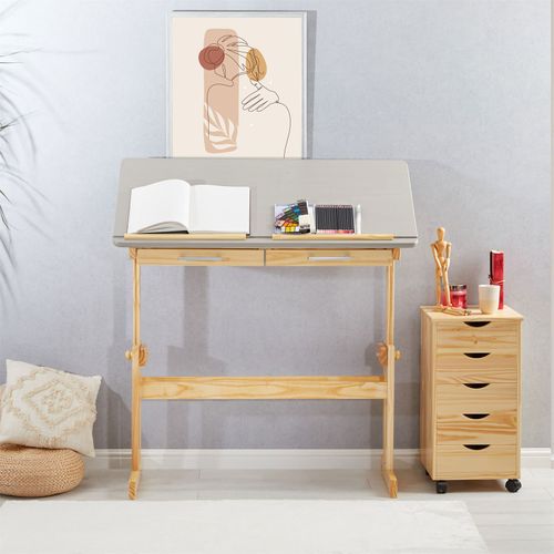 Bureau Enfant Olivia, Réglable En Hauteur Et Plateau Inclinable, Pin Massif, Naturel Et Lasuré Gris