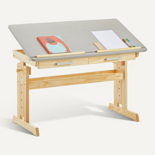 Bureau Enfant Olivia, Réglable En Hauteur Et Plateau Inclinable, Pin Massif, Naturel Et Lasuré Gris