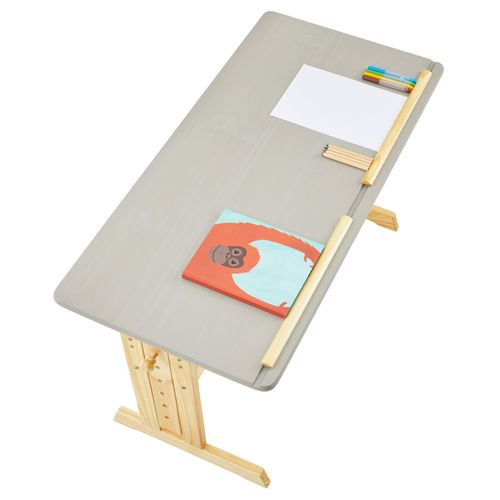 Bureau Enfant Olivia, Réglable En Hauteur Et Plateau Inclinable, Pin Massif, Naturel Et Lasuré Gris