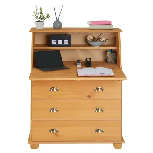 Bureau Secrétaire Gomes Avec 3 Tiroirs En Pin Massif à La Finition Teintée/cirée