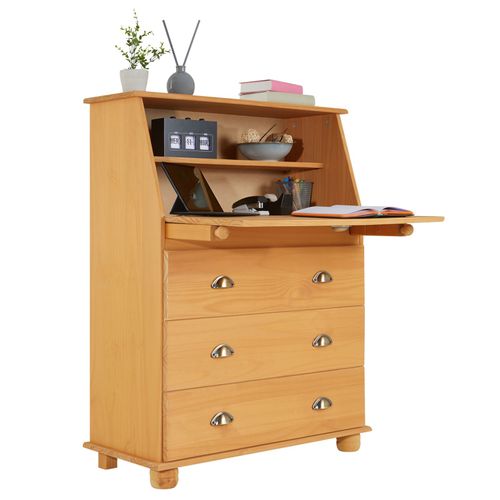 Bureau Secrétaire Gomes Avec 3 Tiroirs En Pin Massif à La Finition Teintée/cirée