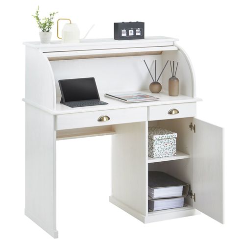 Bureau Secrétaire Tom Avec 2 Tiroirs Et 1 Porte En Pin Massif Lasuré Blanc